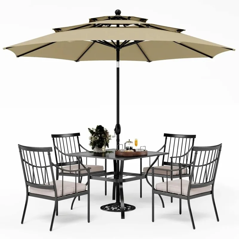 

Outdoor Dining Set with 10ft Umbrella, 37" Square Table, 4 Cushioned Chairs & 3-Tier Beige Umbrella