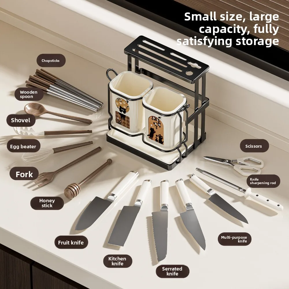 Kitchen Knife Storage Rack Countertop Draining Non-drilling Integrated Rack Double-cup Chopstick Holder Kitchen Organizer view 3