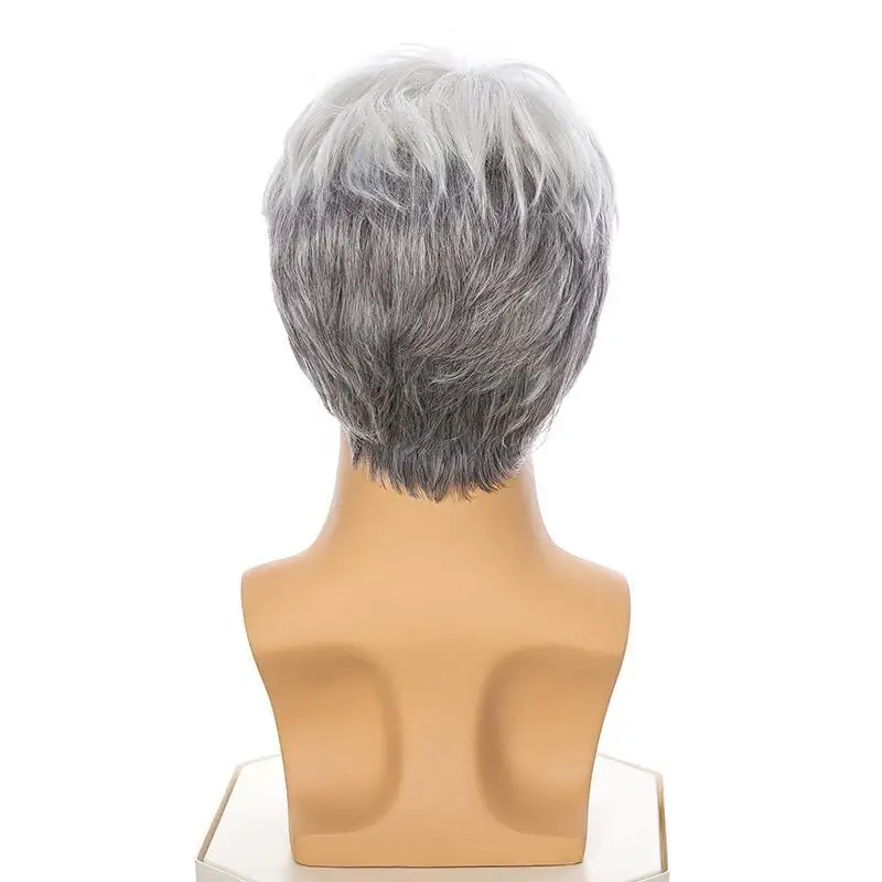 شعر مستعار اصطناعي قصير مستقيم بقص عابث رمادي وأبيض متدرج مع غرة للرجال للحفلات التنكرية اليومية شعر مستعار مقاوم للحرارة #5