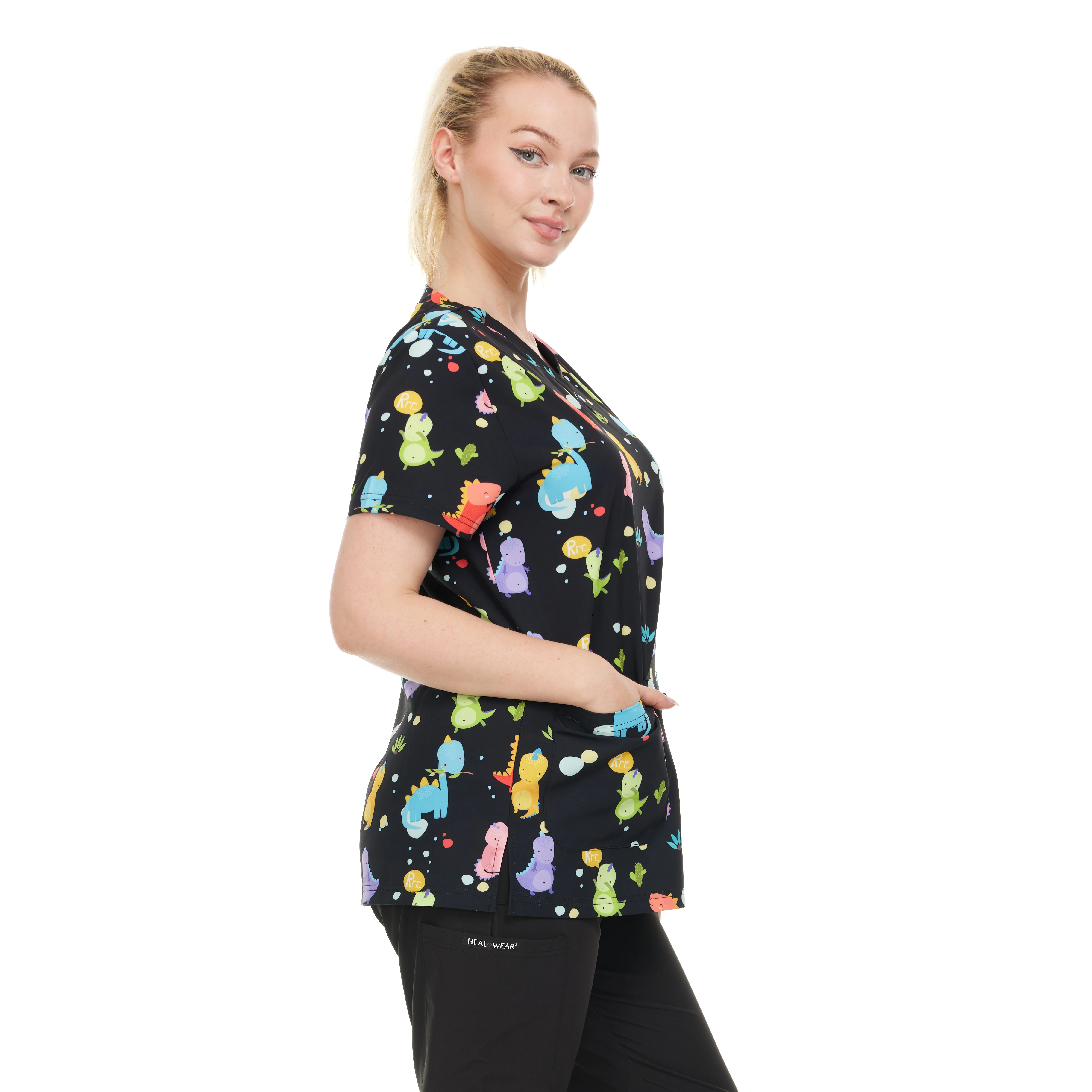HEAL+WEAR Women's Scrub Top V-Neck Dino Print Multiple Convenient Pockets. 4-Way Stretch Spandex. Wrinkle-Resistant.