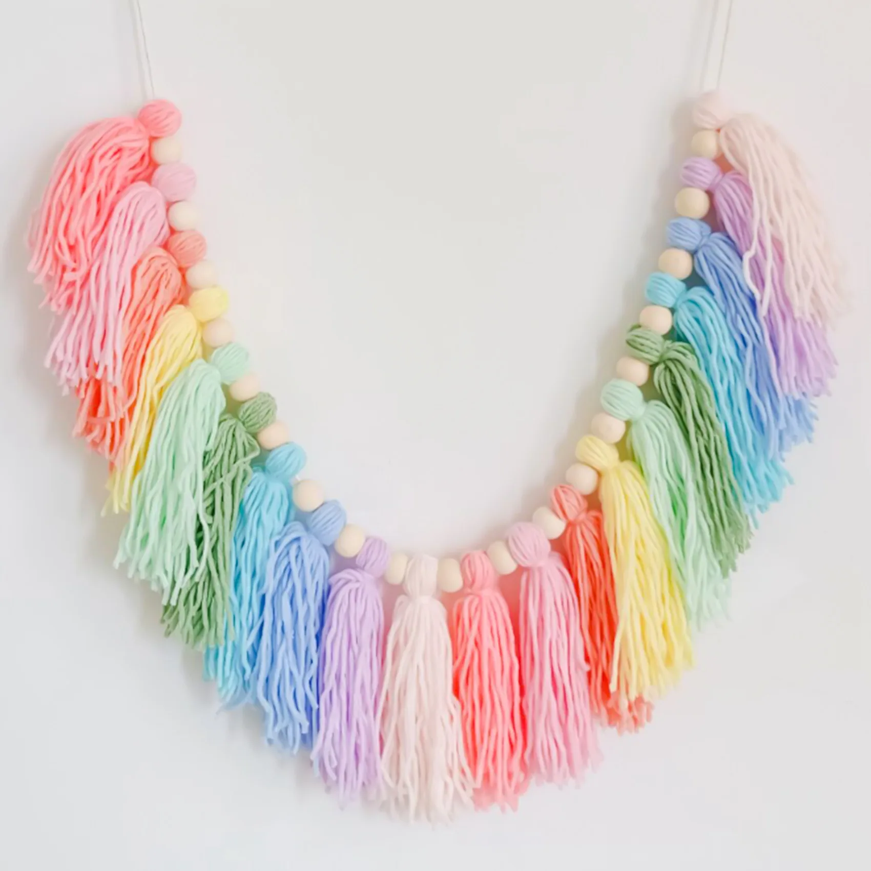 LDHL 37Inch Pastel Rainbow Tassel Garland with Wood Bead Colorful Tapestry for Bedroom Wall Classroom Nursery Party Decor