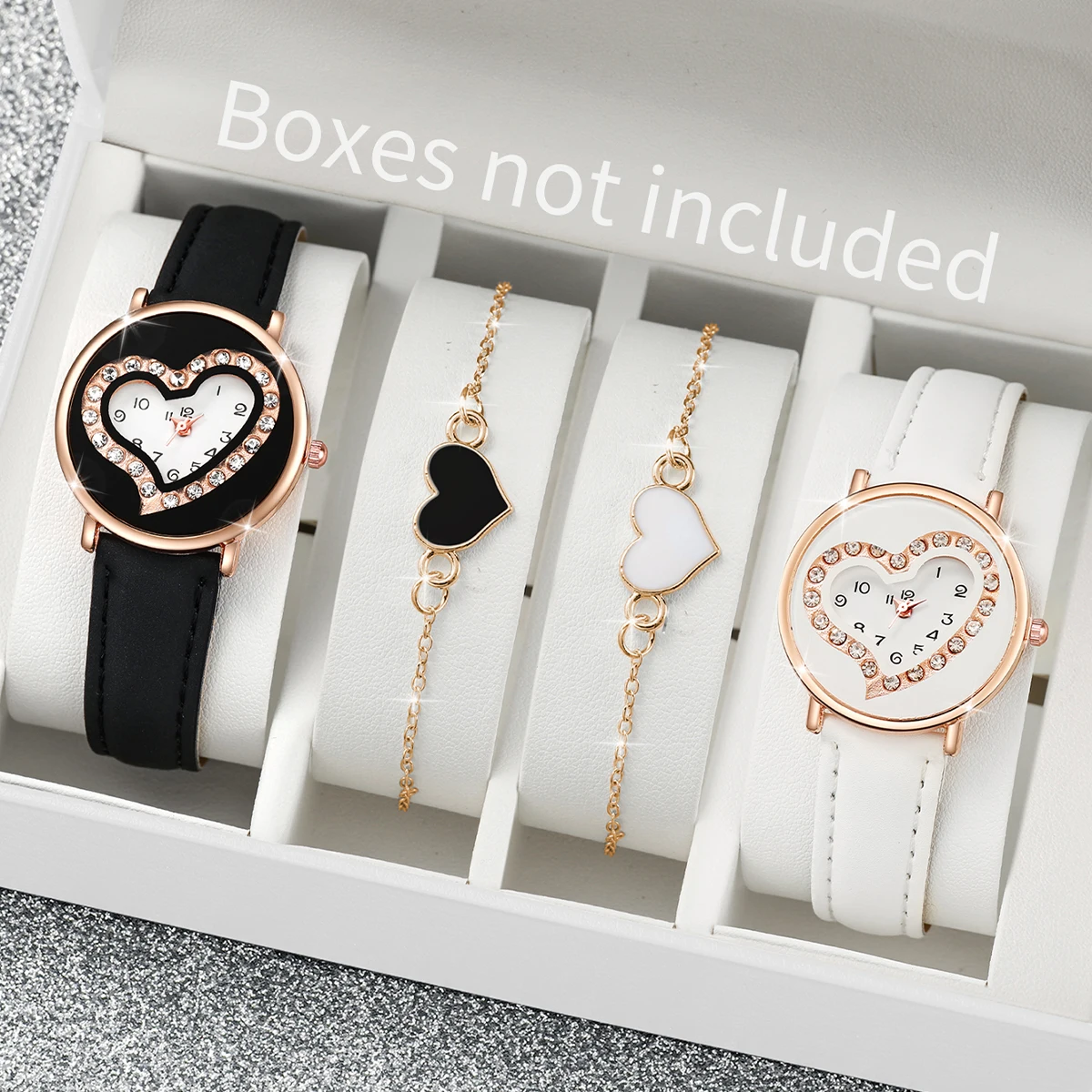 4 buah/Set jam tangan modis wanita klasik jam tangan kuarsa kulit PU Unisex Dial cinta dengan Set gelang hati