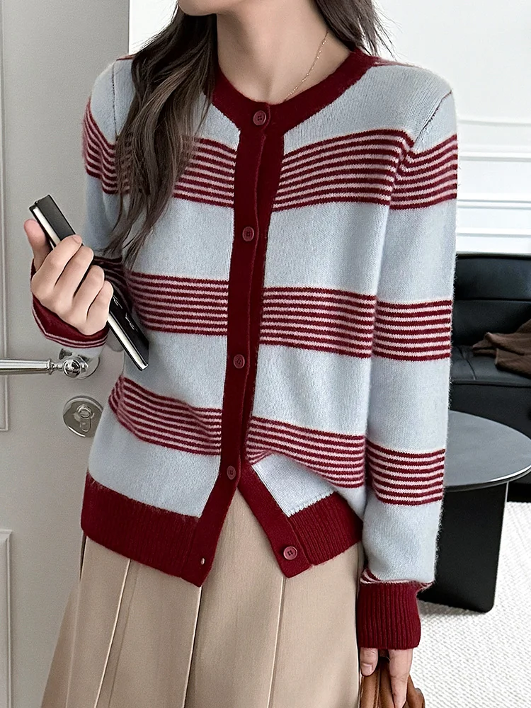 100% Pure Wool Sweater Women's Round Neck Knitted Cardigan Spring Autumn nNew Striped Contrasting Base Shirt Fashion Korean Tops