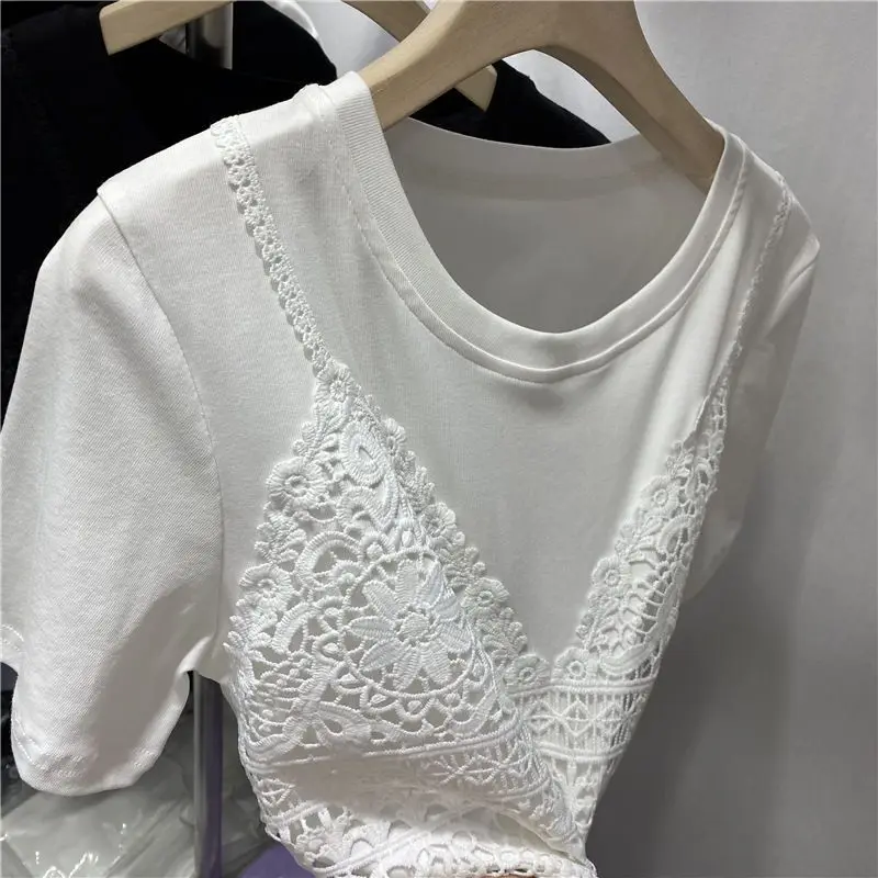 OCEANLOVE Lace Patchwork T Shirt for Women Fake 2 Pieces Spring Summer Korean Style Ropa De Mujer Vintage Simple Short Tees