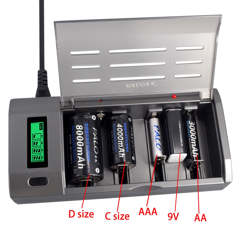 PALO D Size Rechargeable Battery 8000mAh R20 1.2V NI-MH Rechargeable D Batteries for Toy Flashlight Gas Cooker with LCD Charger