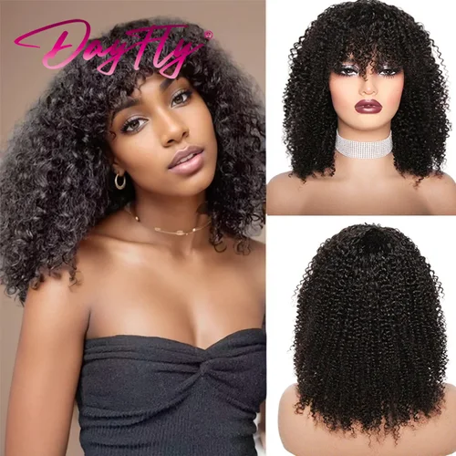 Imagen 2 del producto Peluca Bob rizada corta con flequillo, pelucas de cabello brasileño para mujeres, pelucas de cabello humano corto y rizado con flecos, pelucas completas a máquina 180% D