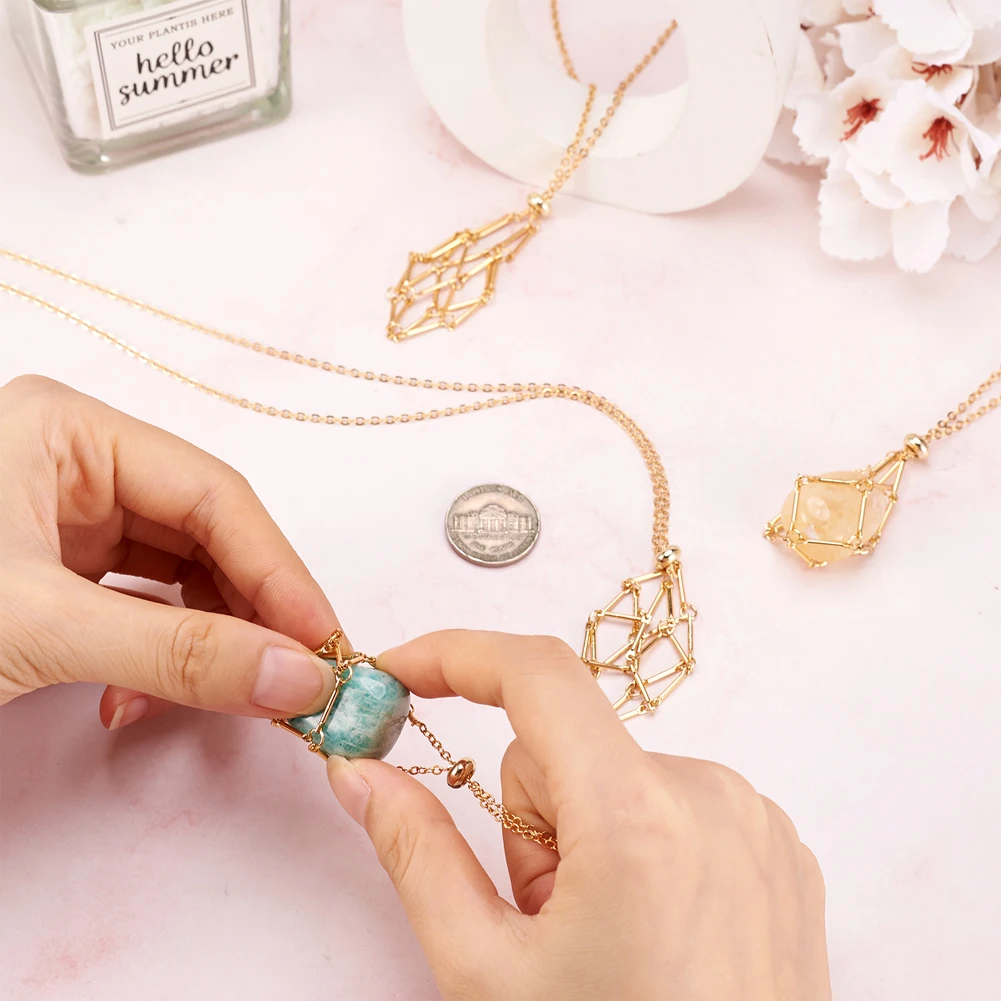10pcs Empty Stone Necklace Holder Adjustable Brass Woven Netted Cage Stainless Steel Chain Extender Chakra Yoga Jewelry Making