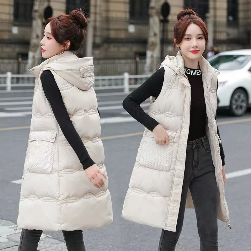 

AutumnWinter Long Cotton Vest Female Hooded Down Cotton Vest Big Yards Thicke Tank Tops Coat High-Quality Lady Sleeveless Jacket