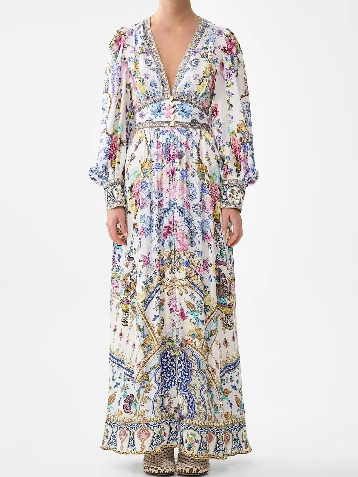 Crystal Beaded Women 100% Silk Dresses 2026 New Floral Printed V-Neck Lantern Sleeve Elastic Waist Fashion Ladies Maxi Dress