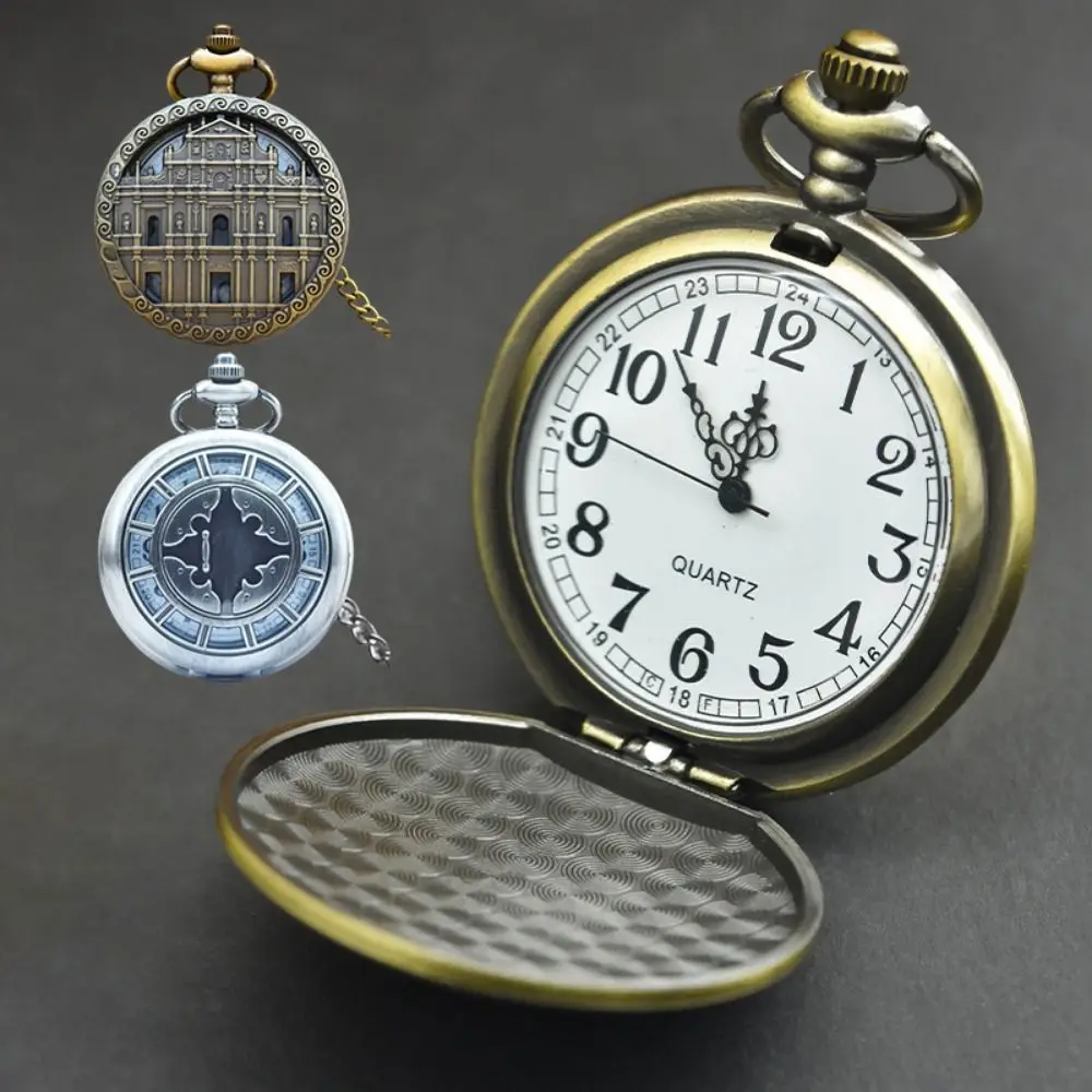 Vintage Palace Style Flip Pocket Watch Hollow Numerical Scales Dial Castle Quartz Watch Pendant Fob Watch Daily