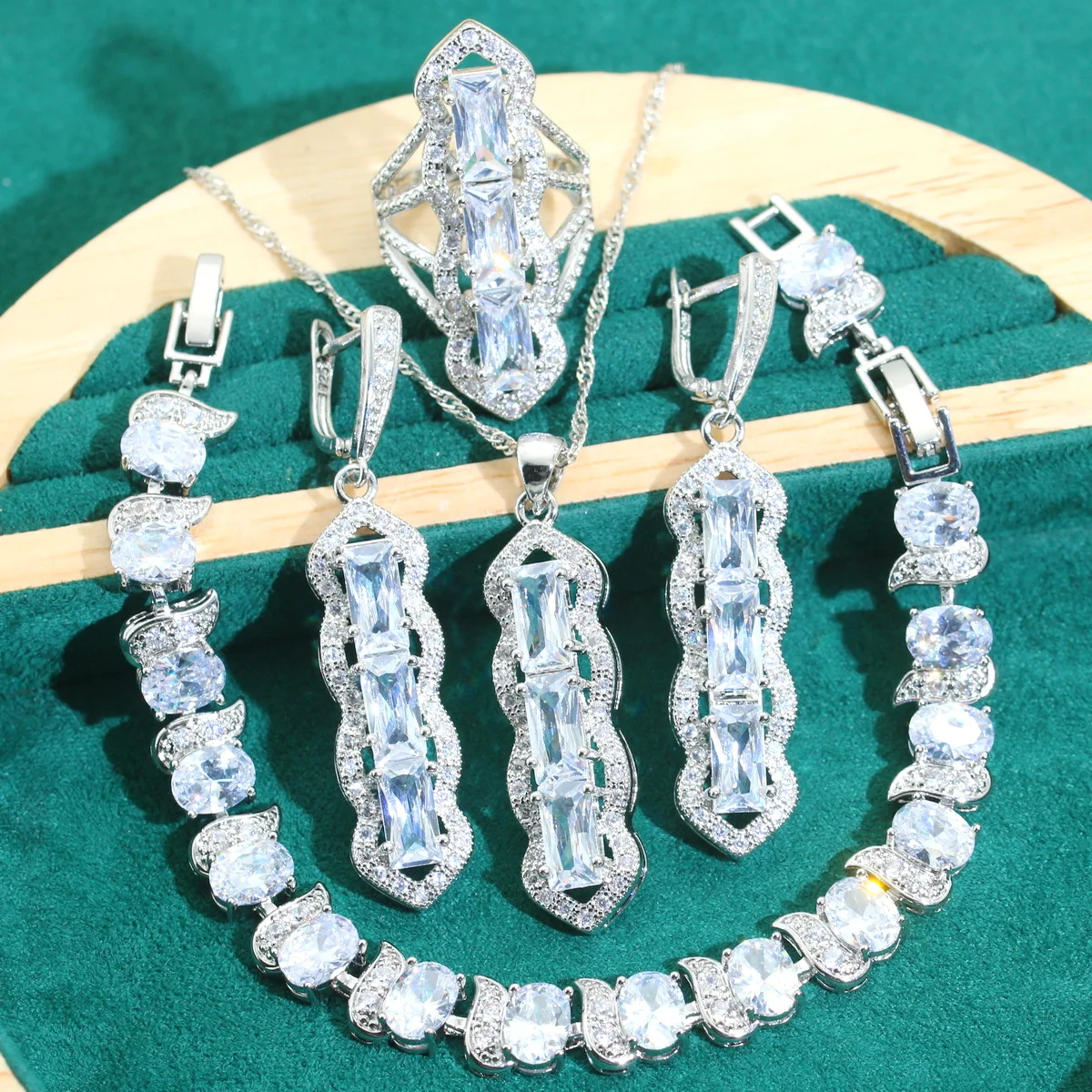 Fine White Zircon 925 Silver Women Jewelry Sets Wedding Long Earrings Necklace Pendant Ring Bracelet Holiday Dating Gifts