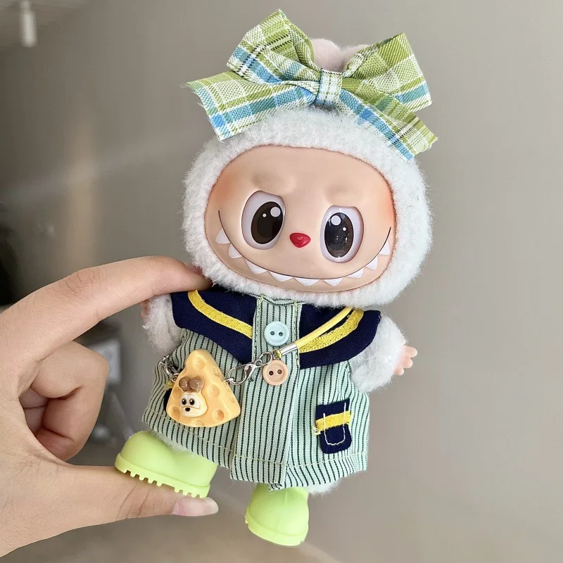 

17cm Labubu 1-3 Gen Doll Outfits | Green Bow Hairpin & Blue Uniform Dress | Clothes for Labubu Pendants Accessories