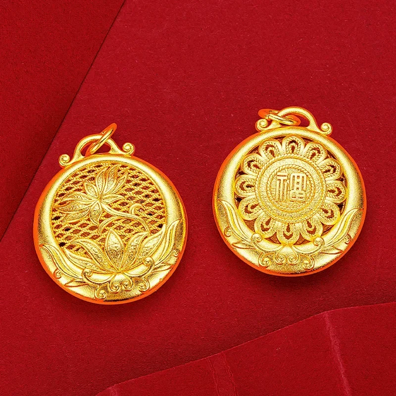 

9999 Real Gold 24K Hollow Silk Lotus Necklace Pendant Vintage Ancient Golden Lotus Couple Black Rope Necklace