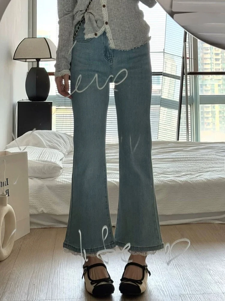 

Джинсы женские с высокой талией, облегающие, светло-голубые, весна-лето, больших размеров, ретро, эластичные, микро-клеш, длиной 7/8