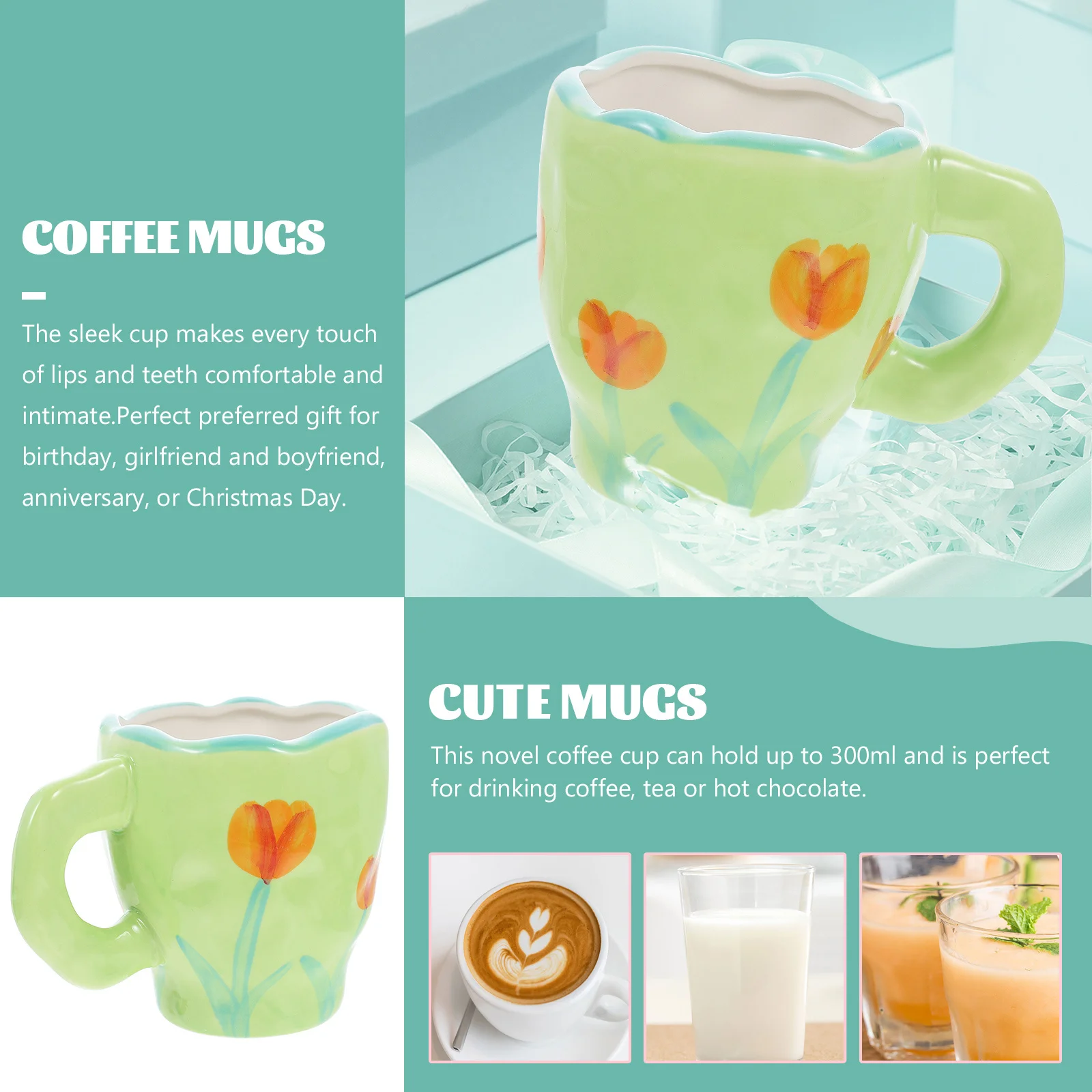 

Ceramic Hand Painted Coffee Mug 300ml Break Resistant with Saucer Lovely Water Cup Perfect for Coffee Tea Breakfast