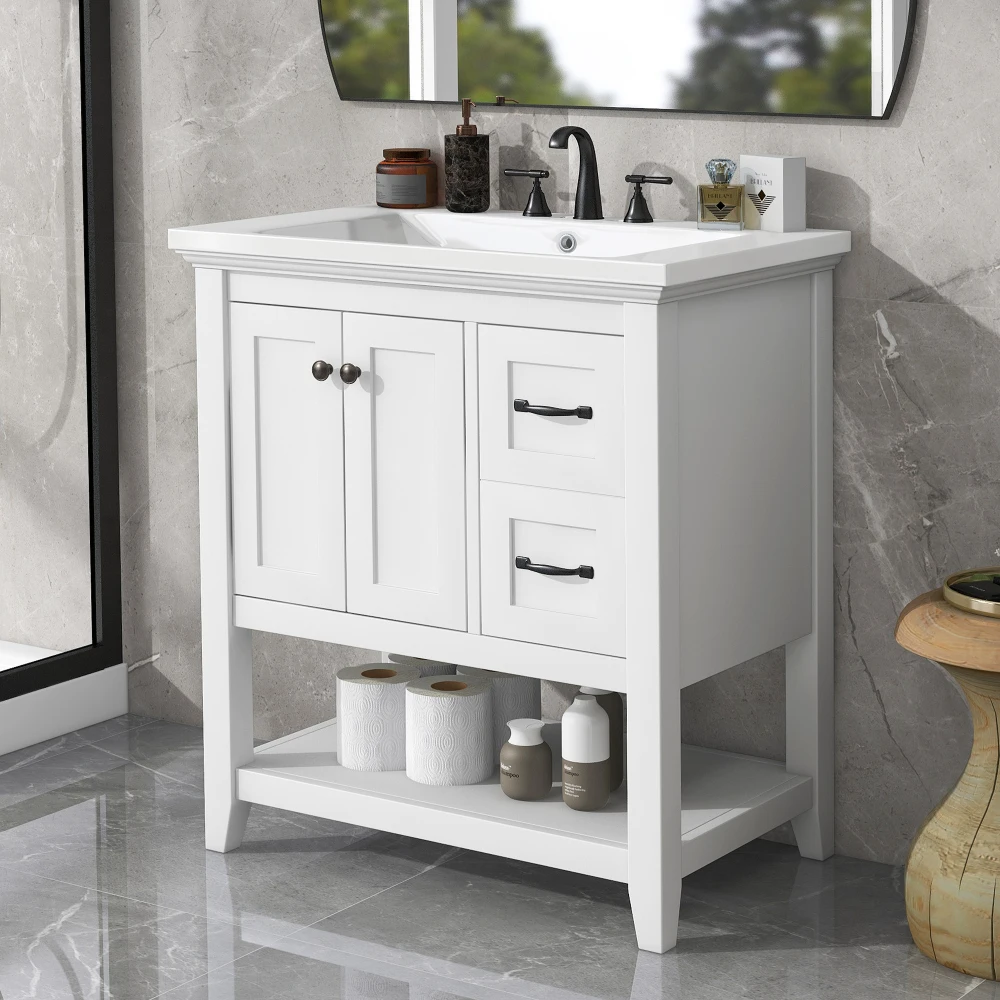 30" Bathroom Vanity Ceramic Sink Top, Vanity Cabinet with Multi-Functional Drawer White Bathroom Cabinet Toilet Storage Cabinet image 2