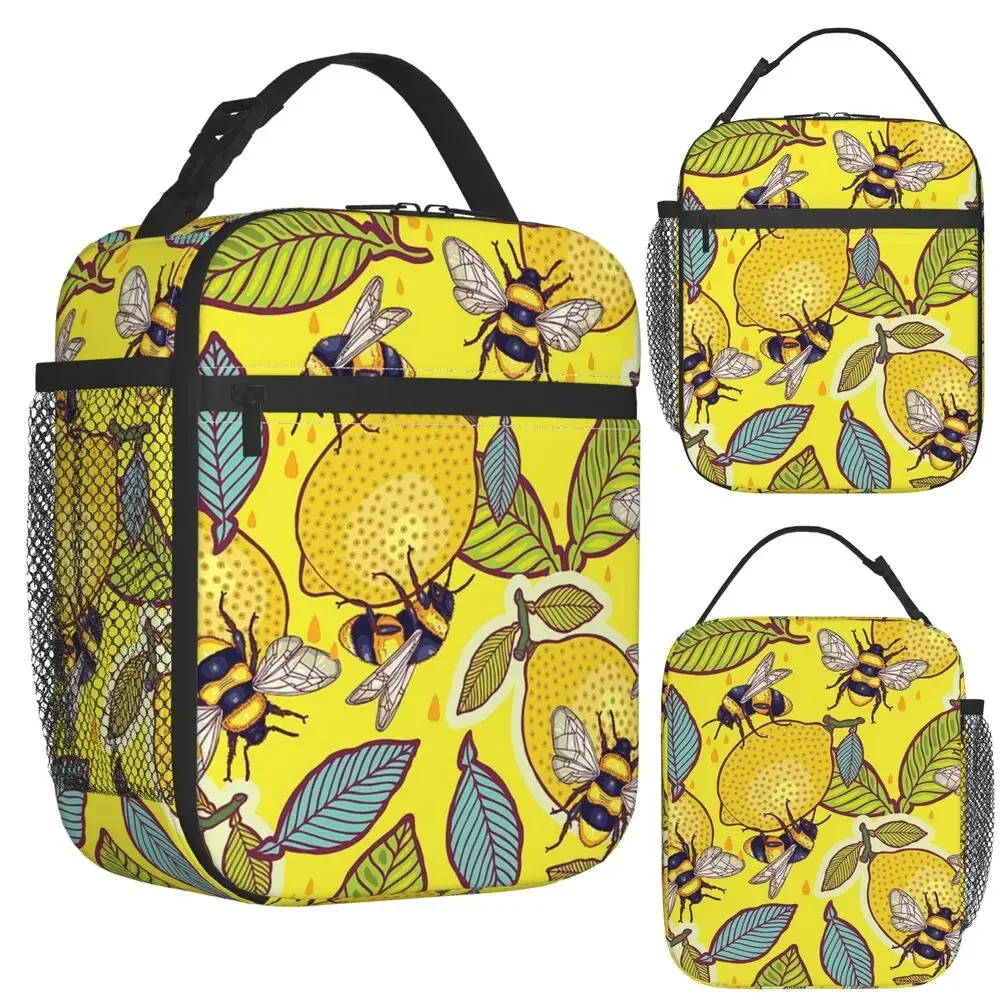 Yellow Lemon And Bee Garden Insulated Lunch Bag for Women Kids Portable Food Boxes Thermal Lunch Box Tote