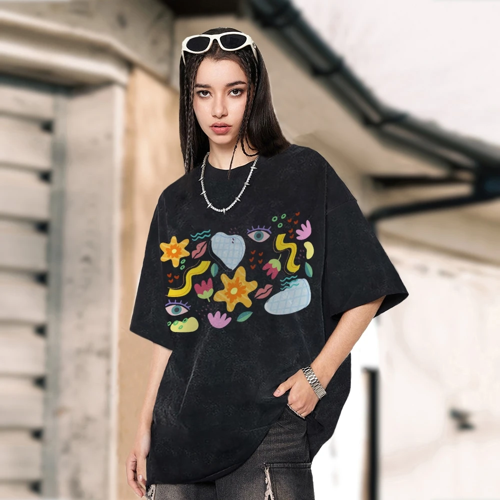 Short Sleeves American Vintage Eye And Flower Pattern Printing Graphic T-Shirts Y2K For Woman Discount Streetwear Shirts Summer