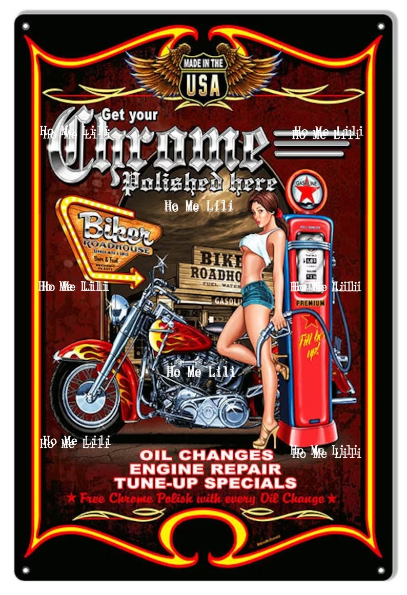 Firefighters Patriotic Fire Department Pin Girl Chrome Polished Motorbike Reliable Service Gas Station Poster Metal Sign