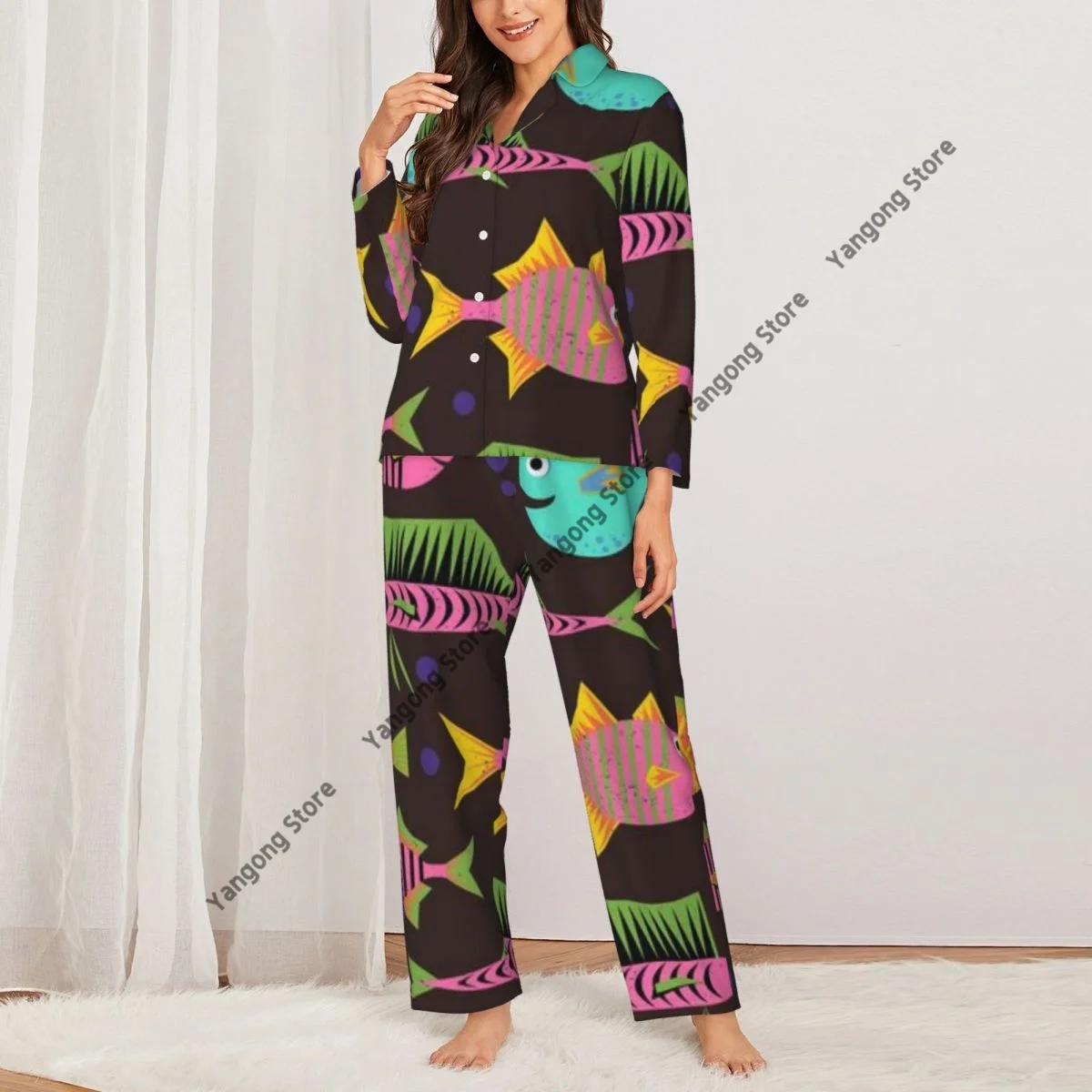 Spring and Autumn Pajama Set Women's Long Sleeve Pants Two Piece Cute Fishes Home Furnishing Set