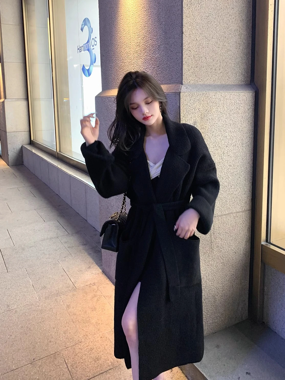 

EU IIWAN Bla Lazy Loose Knitted Sweater Cardigan Robe Sle Belted Mid-Length Coat Jaet Women's Loose Fit Long Sve