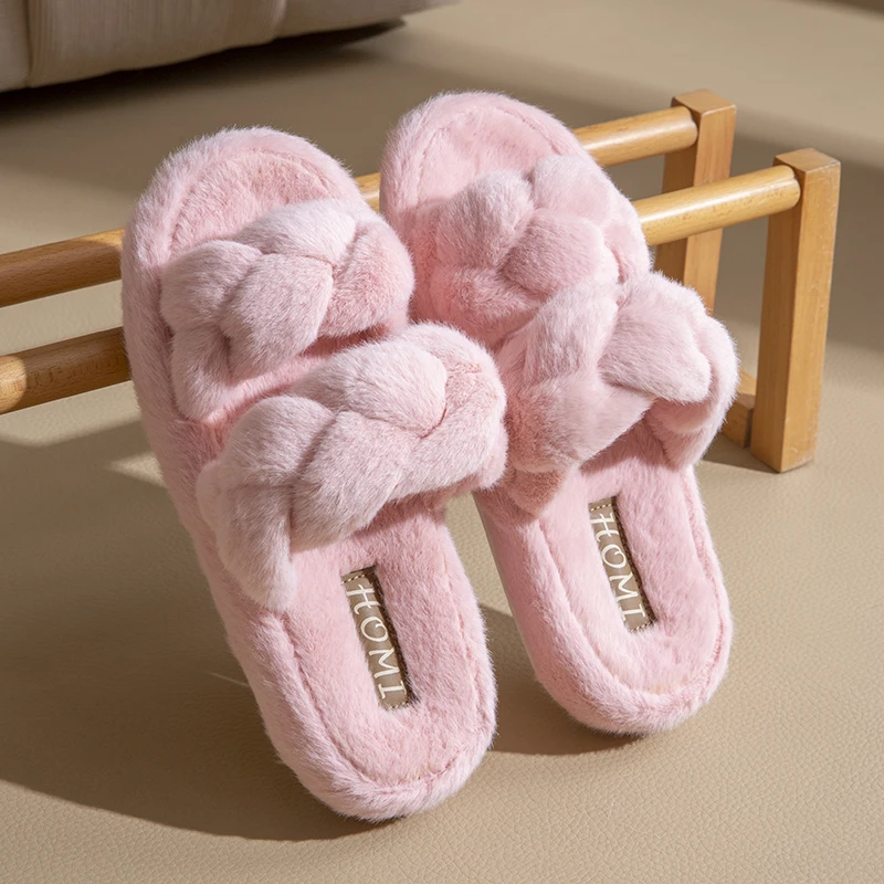 

Women Open Toe Fuzzy House Slippers, Criss Cross Plush Cloud Feel Slides, Winter Indoor Outdoor Cozy Shoes with EVA Sole