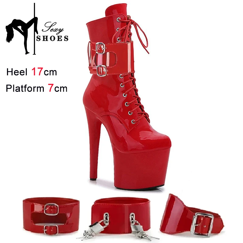 Botas para mulheres pólo sapatos de dança vermelho fetiche plataforma t mostrar bloqueio cinto fivela festa fino salto alto rendas botas de salto stripper
