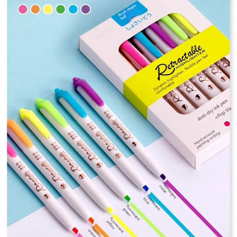 6Colors/set Morandi Retractable Highlighters Fluorescent Pen Manga Markers for Drawing Doodling Coloring Kawaii Stationery