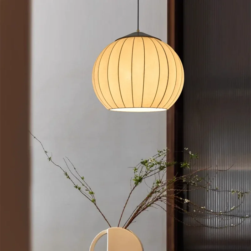 Modern Chestnut Fabric Round Ball Pendant Light Restaurant Japanese Retro Study Room Tea Room Bedroom Solid Wood Hanging Lamp