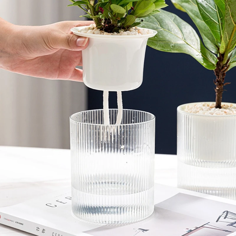 F92B Potão planta plástica auto -regada com pavio recipiente água transparente 2 plantador camadas Bacia Flowerpot