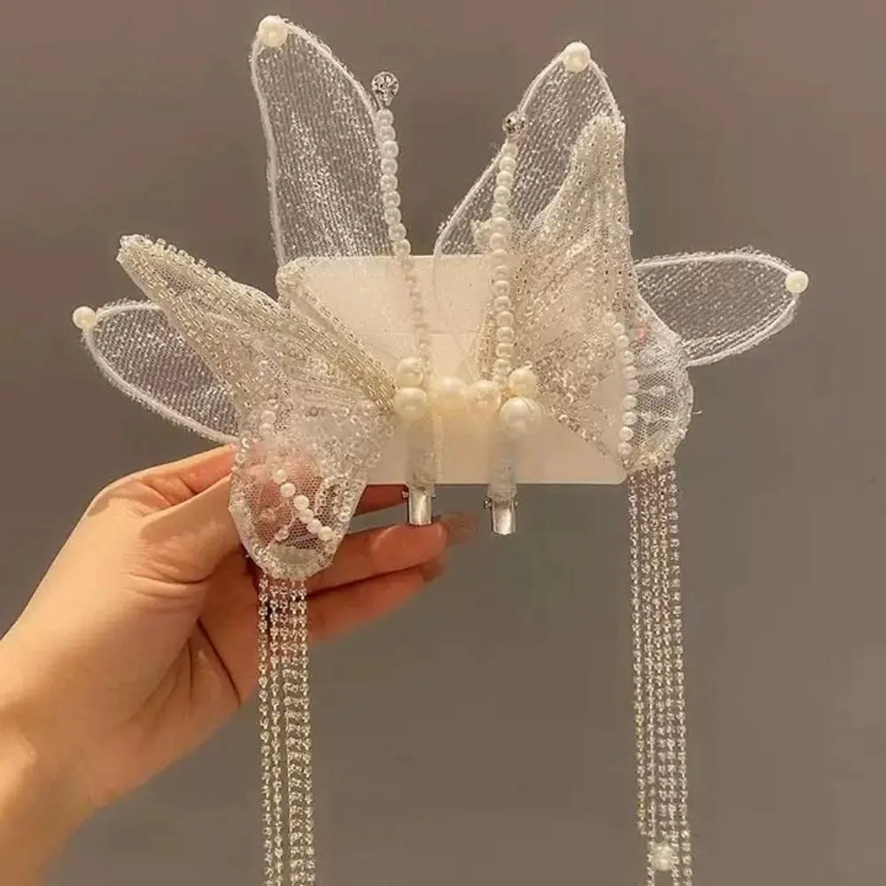 Jepit Rambut Kupu-kupu Rumbai Elegan Berhias Mutiara Besar Jepit Jala Peri Model Duckbill untuk Cosplay