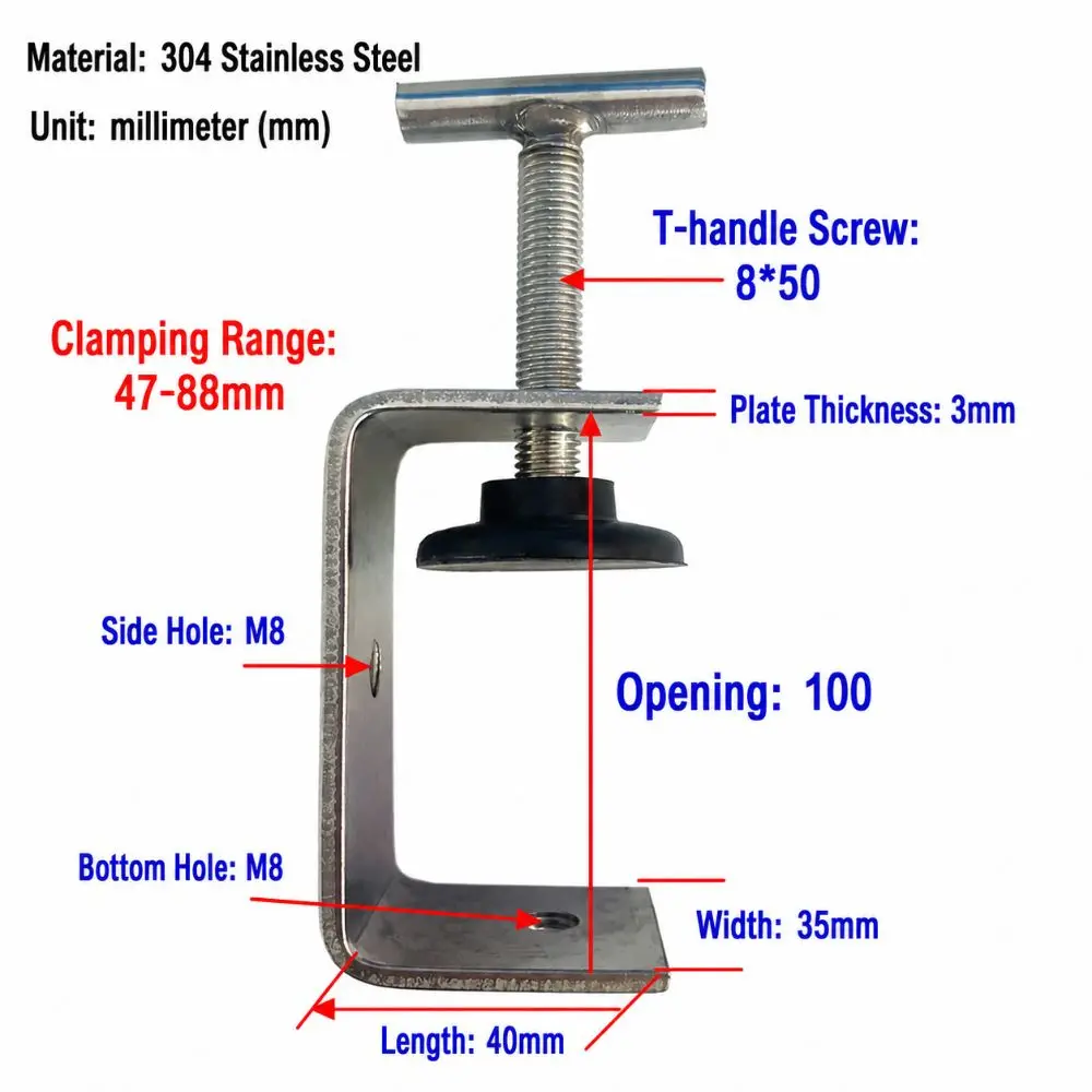 304 Stainless Steel C-clamp 20-100mm Opening Rubber Pad Square Clamp T-shaped Head Hand-Tightening Woodworking Fixing Clips