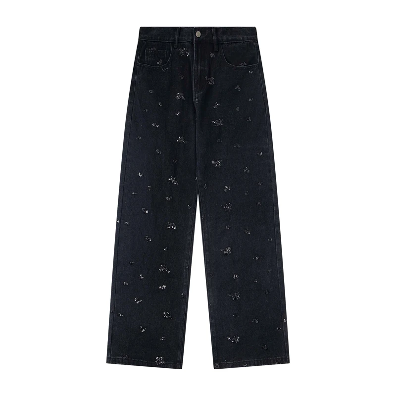 

YY18012 Новый американский модный бренд, черные свободные прямые джинсы с бусинами, персонализированные джинсы из потертого денима