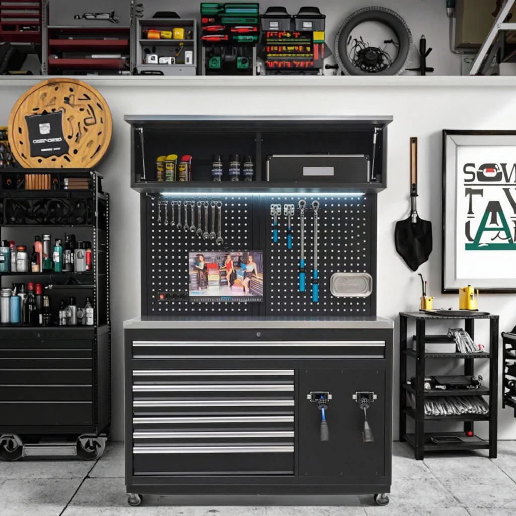 Tool Cabinet With Integrated Stainless Steel Worktop & Side Hooks, Equipped With Anti-Rust Coating