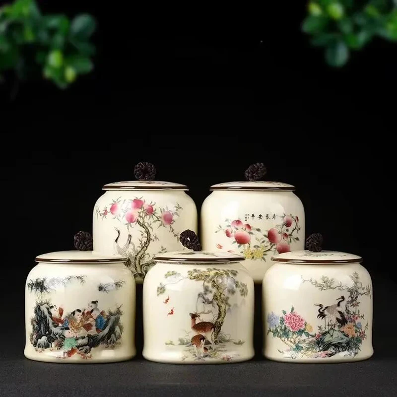

Chinese Style Ceramic Tea Caddy Kitchen Seasoning Storage Jar Home Decoration Moisture-proof Sealed Tea Coffee Beans Storage Jar