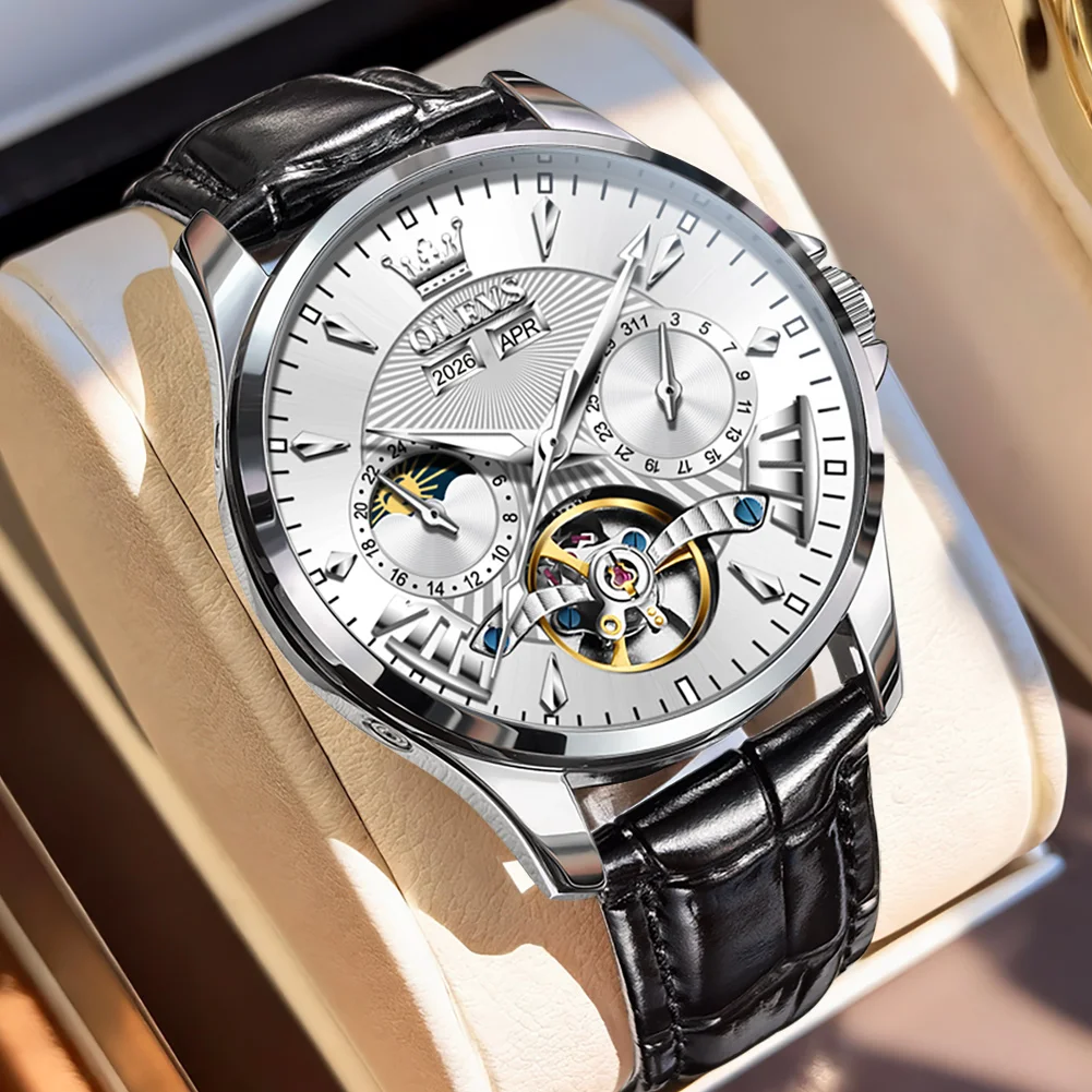 

OLEVS 7103 Men's Automatic Mechanical Watch High end Flywheel Skeleton Watches Luxury Moon Phase Man Wristwatch