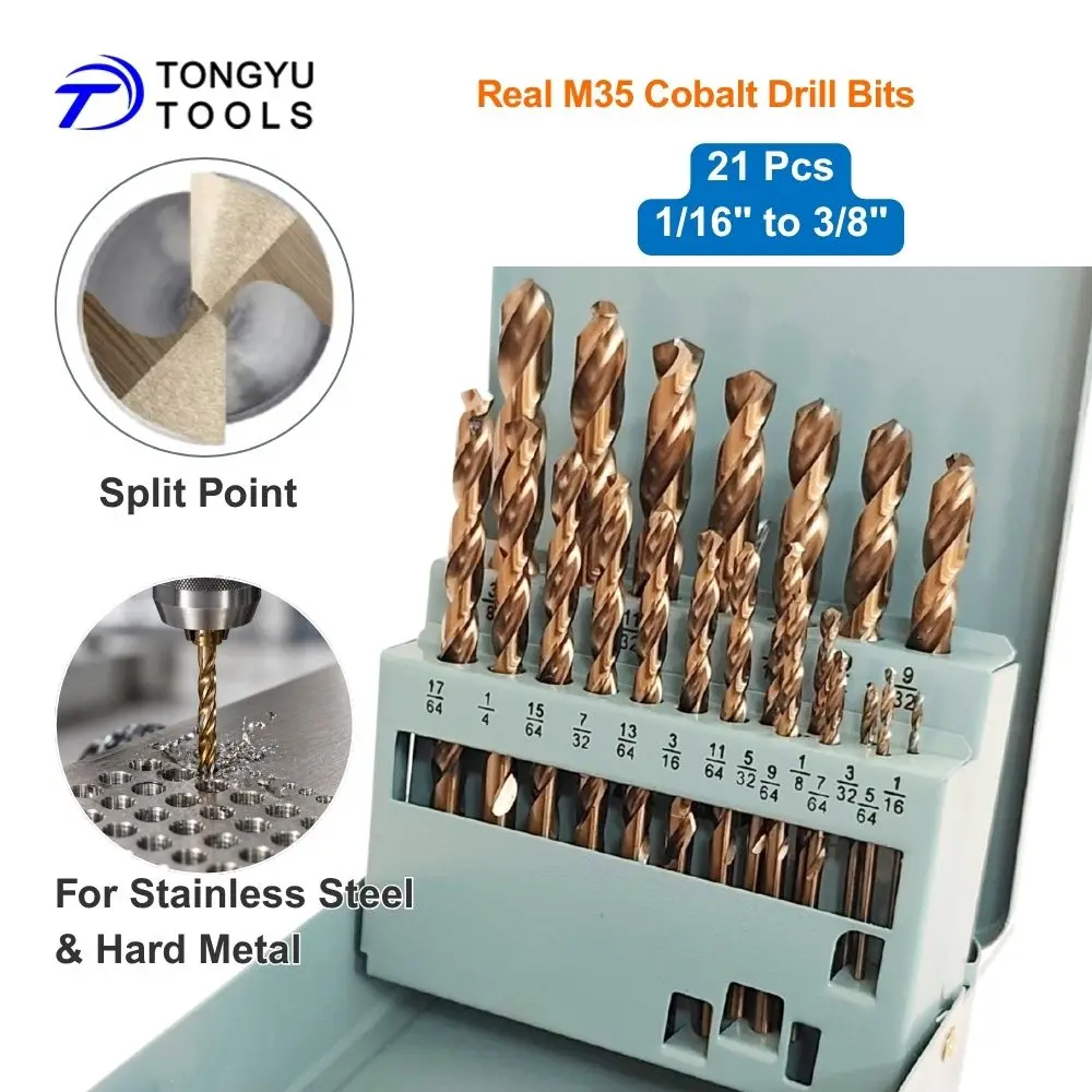 21個入り-m35-コバルトドリルビットセット-1-16-3-8インチ-ジョバー長さ-hss-co5-ツイストビット-ステンレス鋼、硬質金属、鋳鉄用-スプリットポイント