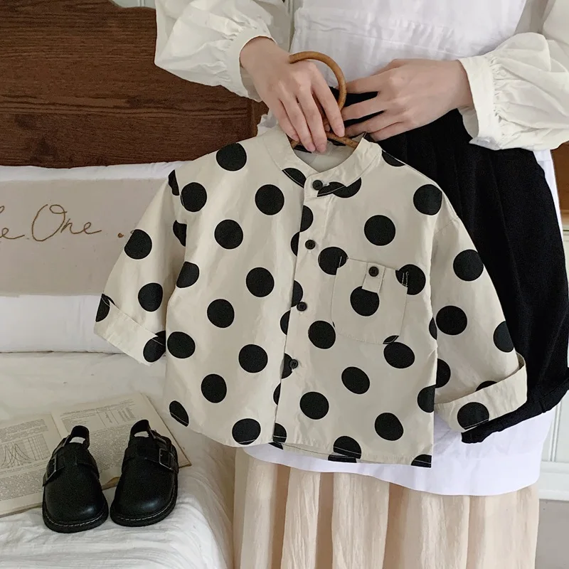 Children Shirts Autumn Clothes New Japanese and Korean Boys Polka Dot Long Sleeve Shirts Baby Girls Fashionable Tops