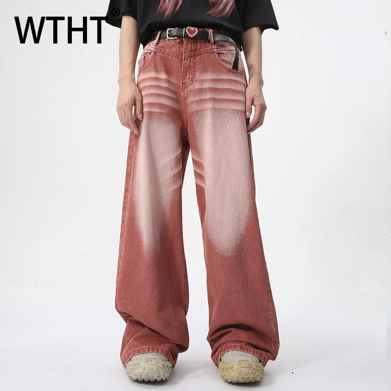 

WTHT New Fashion Men's Gradient Do Old Design Straight Denim Pants Vintage Summer High-waisted Loose Wide Leg Jeans Male 2A0265