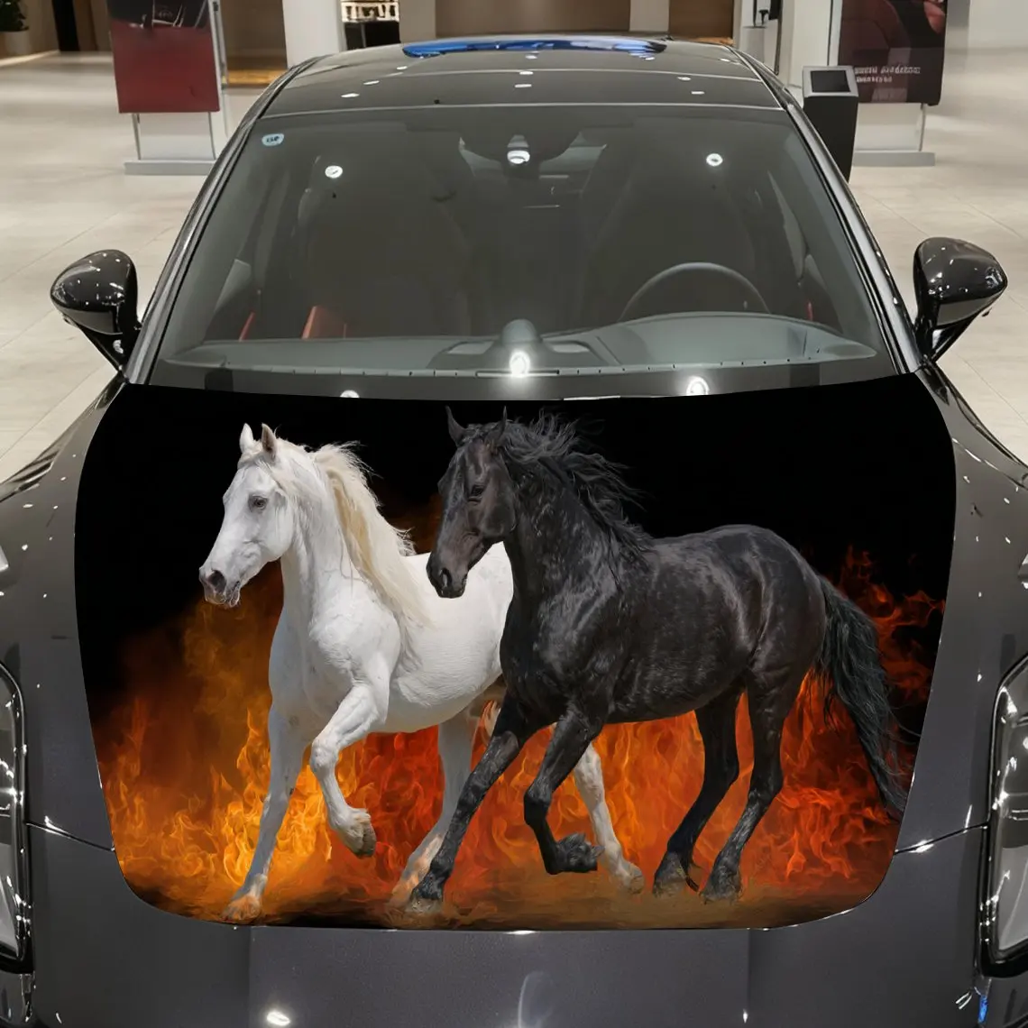 

Car Decals A White And Black Horse Pair In Fiery Scene Close - Up With Dynamic Postures And Dramatic Visual Appeal Car Hood Stic