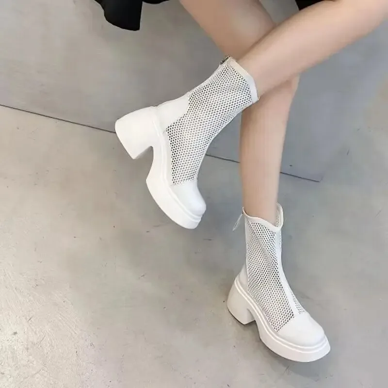 Summer Women Platform Boots High Heels Boot Sexy Hollow Mesh Short  Zip Square 8cm Thick Heel Mid-Calf Nightclub Shoes