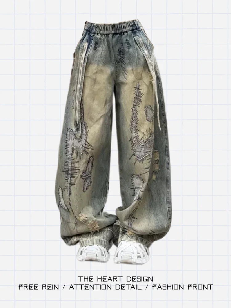 

Heavy Embroidery Vintage Workwear Jeans Women's High Waist Wide Leg Pants Elastic Floor Length Knife Trousers