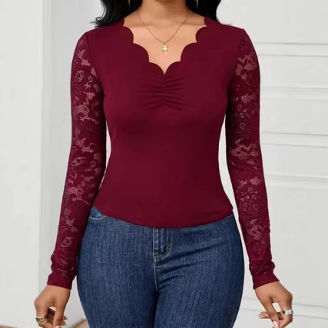 

2026 Women's Solid Color Lace Long Sleeve Top Slim Fit Ruched Scalloped Neckline Fashion Blouse