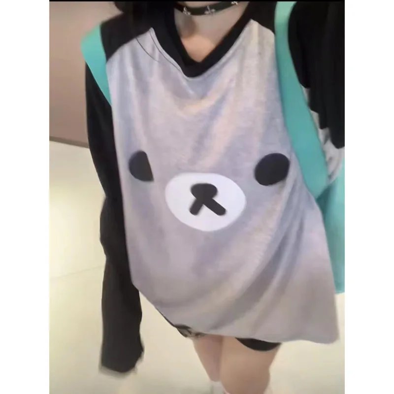 Rilakkuma T-shirt Cute Little Bear Image Patchwork Top Casual Relaxed T-Shirt Stylish Long Sleeve Round Neck Women\'s Clothing