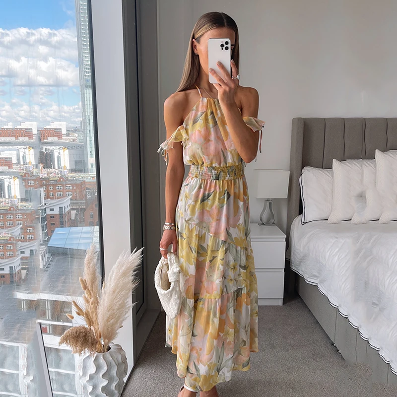 

Ardm Sexy Off Shoulder Floral Print Ruffle Chiffon With Lining Summer Midi Dresses For Women 2022 Backless Party Dress Vestidos