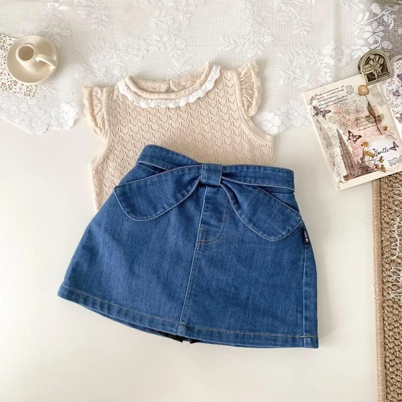 

Summer Girl Cute Denim Half Skirt Short Skirt for Baby Girl Bow Tied Short Skirt Pants 2025 Summer New