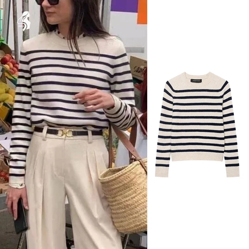 

Женский вязаный свитер с круглым вырезом в полоску и длинным рукавом, модная и удобная винтажная универсальная осенняя повседневная одежда