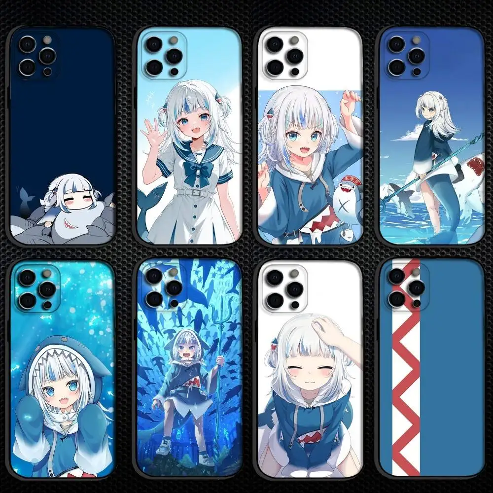 

Cute Blue Gawr G-Gura Phone Case For iPhone 16,15,14,13,12,11 Plus,Pro Max, Soft Silicone Black Cover