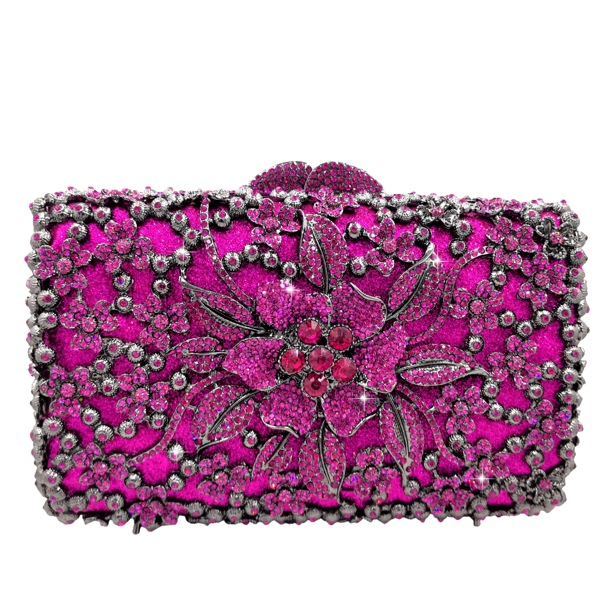 Boutique de FGG Fuchsia Strass-Clutch-Taschen für Damen, formelle Kristall-Clutch-Tasche für Hochzeiten, Abendhandtaschen aus Metall – Detail 4