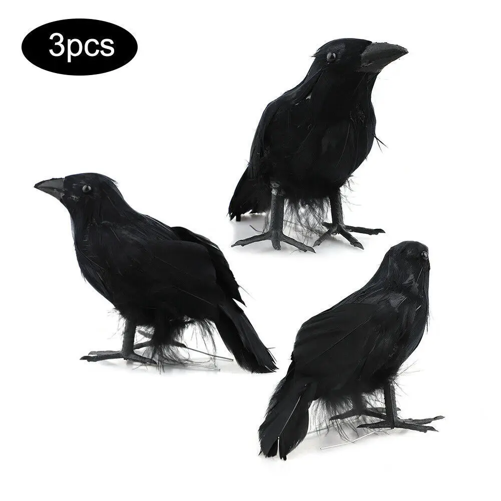 3PC Halloween Crow Prop Large Realistic Raven Feathered Spooky Party Home Decor